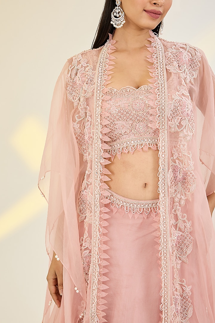 Rose Pink Organza & Net Floral Embroidered Jacket Wedding Lehenga Set by AWIGNA BY VARSHA & RITTU at Pernia's Pop Up Shop