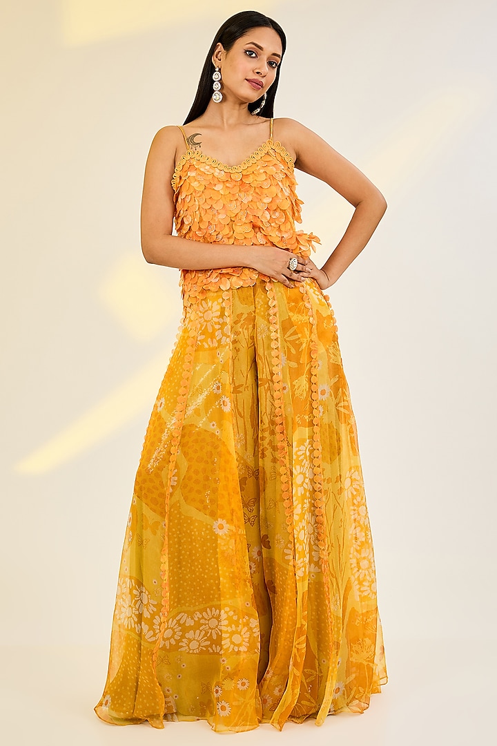 Yellow Organza & Sequins Fabric Printed Pant Set by AWIGNA BY VARSHA & RITTU at Pernia's Pop Up Shop