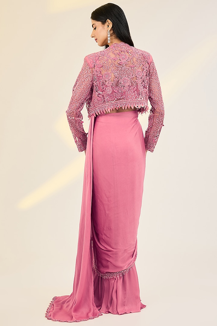 Pink Georgette & Satin Hand Embroidered Draped Jacket Wedding Saree Set by AWIGNA BY VARSHA & RITTU at Pernia's Pop Up Shop
