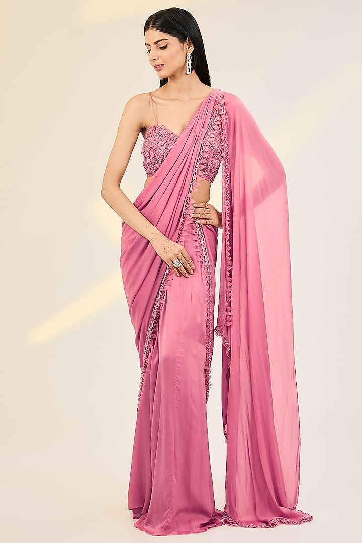 Pink Georgette & Satin Hand Embroidered Draped Jacket Wedding Saree Set by AWIGNA BY VARSHA & RITTU at Pernia's Pop Up Shop