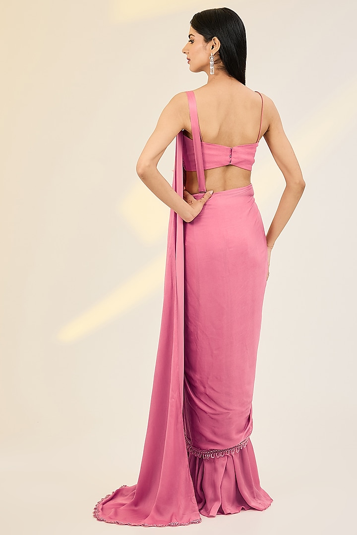 Pink Georgette & Satin Hand Embroidered Draped Jacket Wedding Saree Set by AWIGNA BY VARSHA & RITTU at Pernia's Pop Up Shop