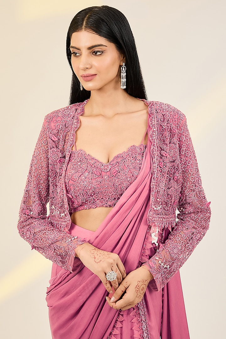 Pink Georgette & Satin Hand Embroidered Draped Jacket Wedding Saree Set by AWIGNA BY VARSHA & RITTU at Pernia's Pop Up Shop