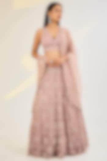 Rose Pink Net & Organza Hand Embroidered Wedding Lehenga Set by AWIGNA BY VARSHA & RITTU at Pernia's Pop Up Shop