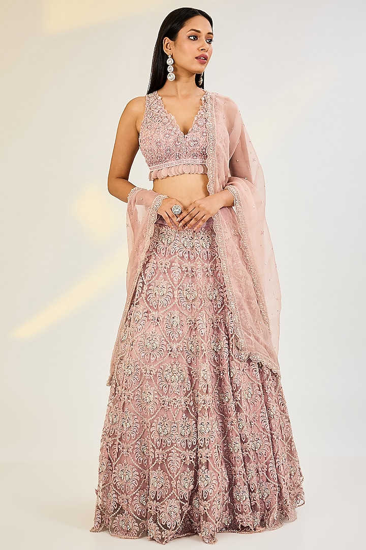Rose Pink Net & Organza Hand Embroidered Wedding Lehenga Set by AWIGNA BY VARSHA & RITTU at Pernia's Pop Up Shop