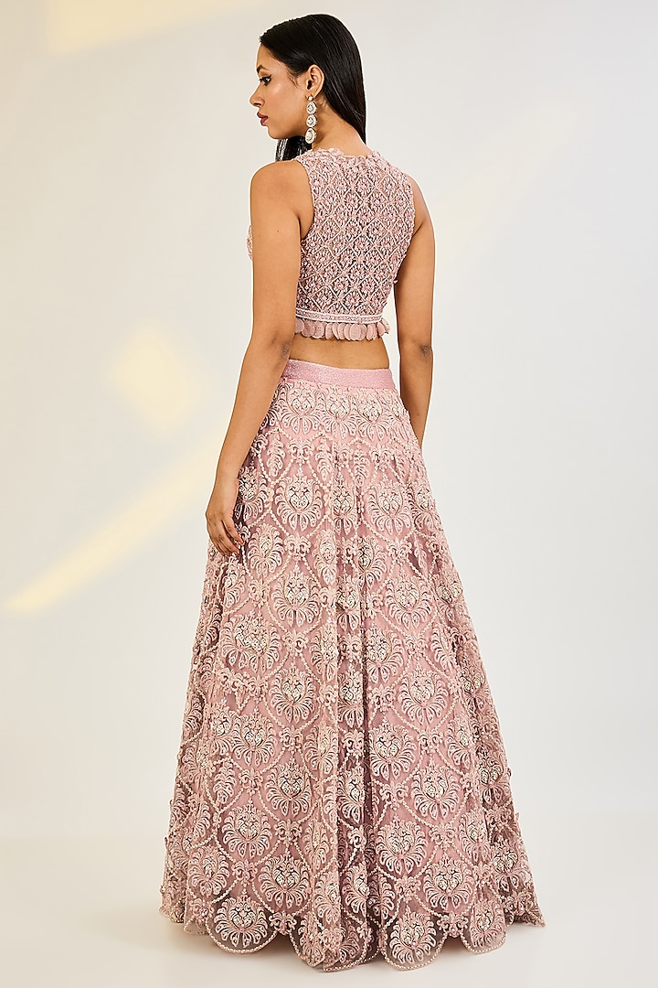 Rose Pink Net & Organza Hand Embroidered Wedding Lehenga Set by AWIGNA BY VARSHA & RITTU at Pernia's Pop Up Shop