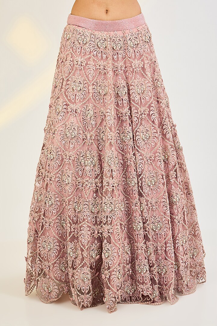 Rose Pink Net & Organza Hand Embroidered Wedding Lehenga Set by AWIGNA BY VARSHA & RITTU at Pernia's Pop Up Shop