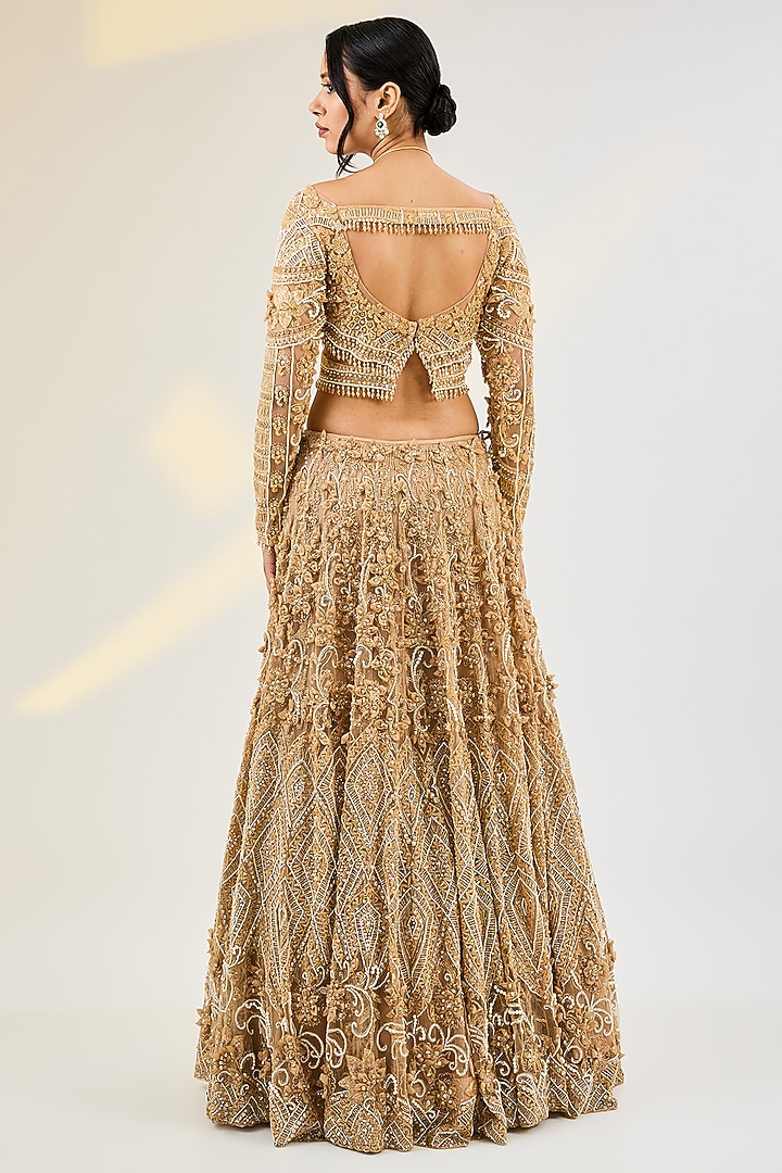 Golden Net & Organza Hand Embroidered Bridal Lehenga Set by AWIGNA BY VARSHA & RITTU at Pernia's Pop Up Shop