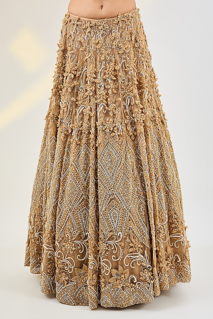 Golden Net & Organza Hand Embroidered Bridal Lehenga Set by AWIGNA BY VARSHA & RITTU at Pernia's Pop Up Shop