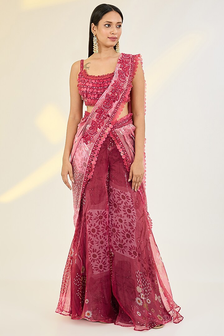 Coral Red Organza & Net Printed Sharara Wedding Saree Set by AWIGNA BY VARSHA & RITTU at Pernia's Pop Up Shop
