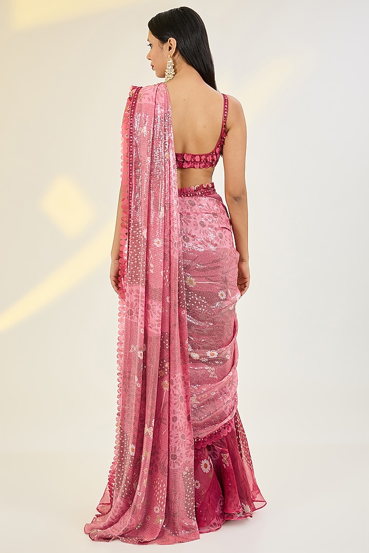 Coral Red Organza & Net Printed Sharara Wedding Saree Set by AWIGNA BY VARSHA & RITTU at Pernia's Pop Up Shop