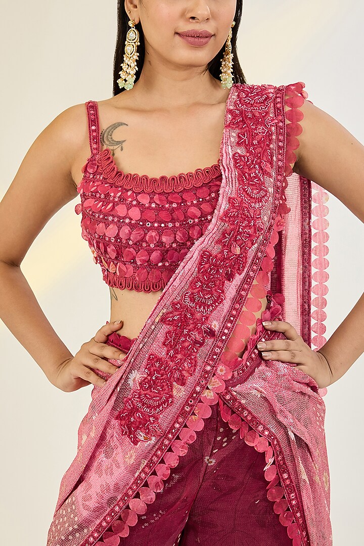 Coral Red Organza & Net Printed Sharara Wedding Saree Set by AWIGNA BY VARSHA & RITTU at Pernia's Pop Up Shop