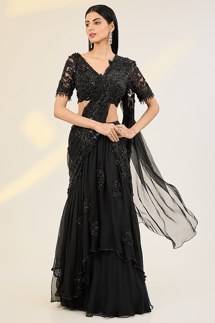 Black Organza & Net Floral Embroidered Lehenga Saree Set by AWIGNA BY VARSHA & RITTU at Pernia's Pop Up Shop