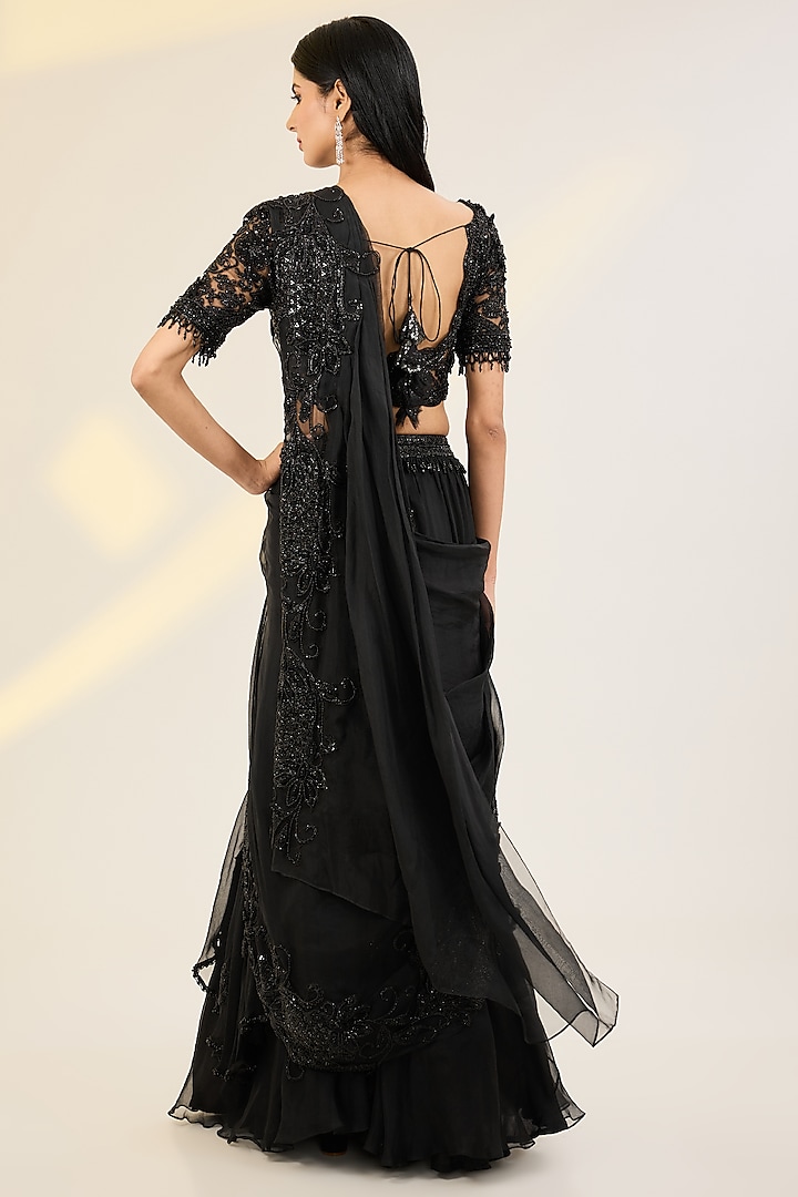 Black Organza & Net Floral Embroidered Reception Lehenga Saree Set by AWIGNA BY VARSHA & RITTU at Pernia's Pop Up Shop