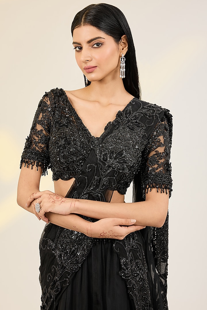 Black Organza & Net Floral Embroidered Reception Lehenga Saree Set by AWIGNA BY VARSHA & RITTU at Pernia's Pop Up Shop