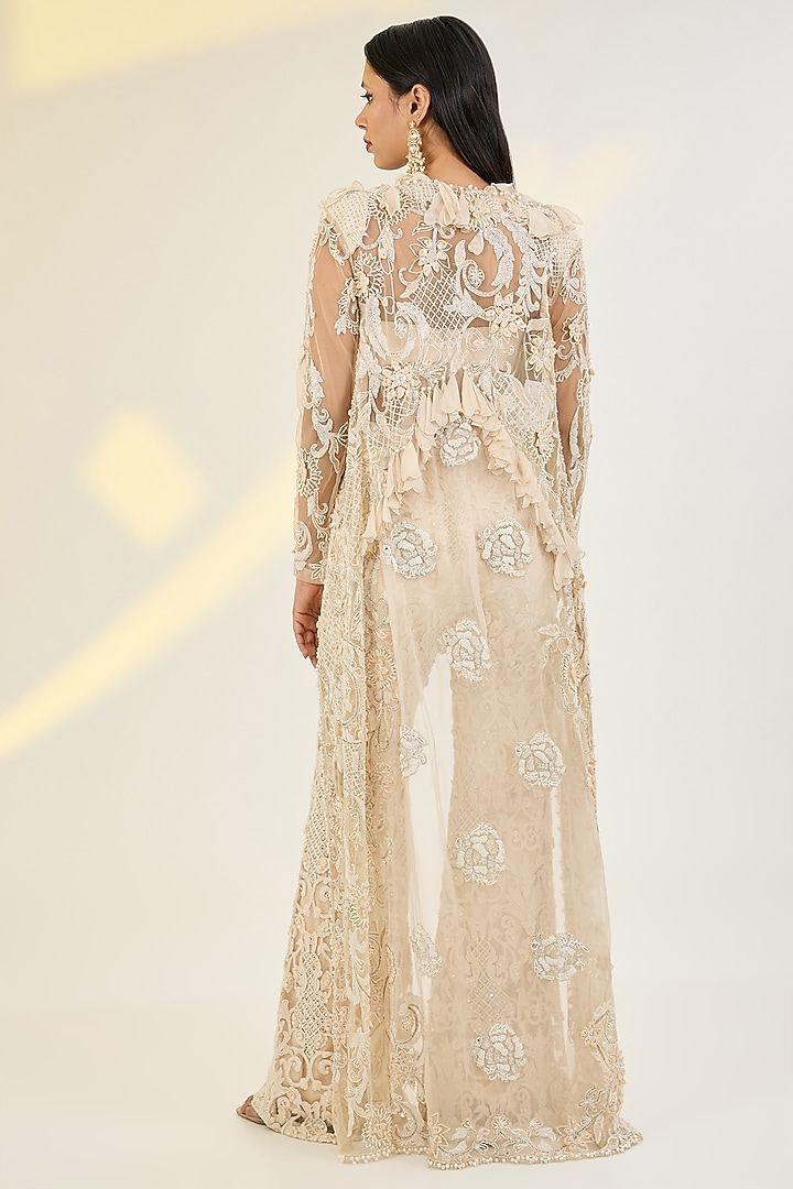 Ivory Net & Organza Hand Embroidered Cape Set by AWIGNA BY VARSHA & RITTU at Pernia's Pop Up Shop