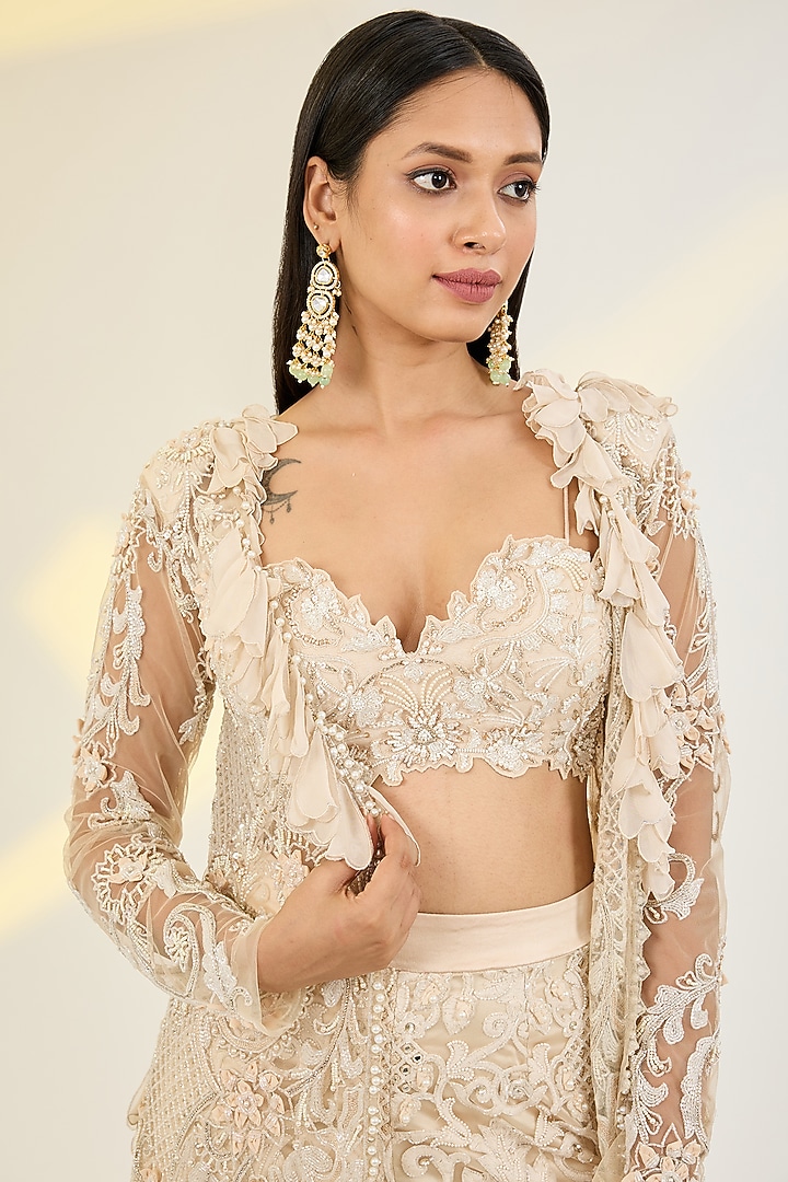 Ivory Net & Organza Hand Embroidered Cape Set by AWIGNA BY VARSHA & RITTU at Pernia's Pop Up Shop