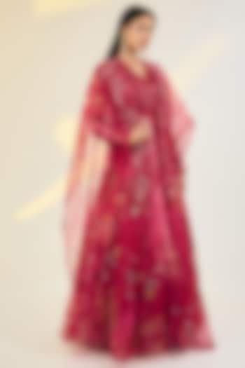 Coral Red Organza Printed & Hand Embroidered Anarkali With Cape by AWIGNA BY VARSHA & RITTU at Pernia's Pop Up Shop