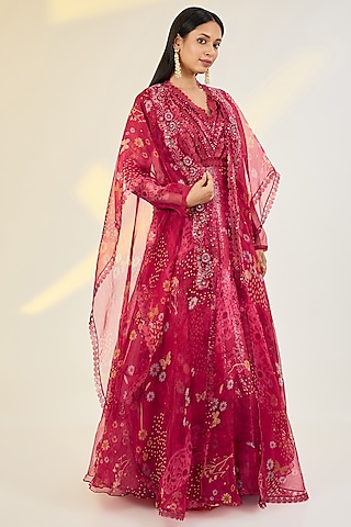 Coral Red Organza Printed & Hand Embroidered Anarkali With Cape by AWIGNA BY VARSHA & RITTU