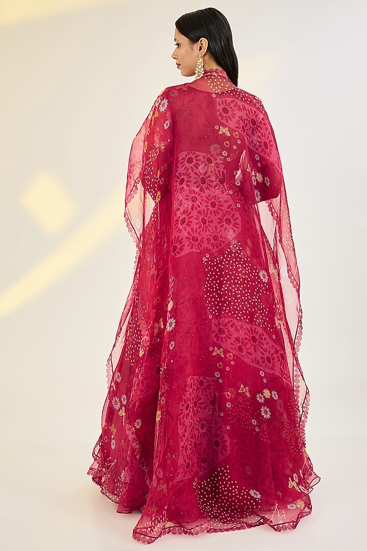 Coral Red Organza Printed & Hand Embroidered Wedding Anarkali With Cape by AWIGNA BY VARSHA & RITTU at Pernia's Pop Up Shop