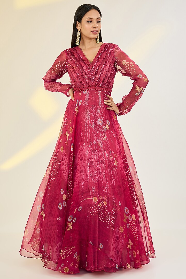 Coral Red Organza Printed & Hand Embroidered Wedding Anarkali With Cape by AWIGNA BY VARSHA & RITTU at Pernia's Pop Up Shop