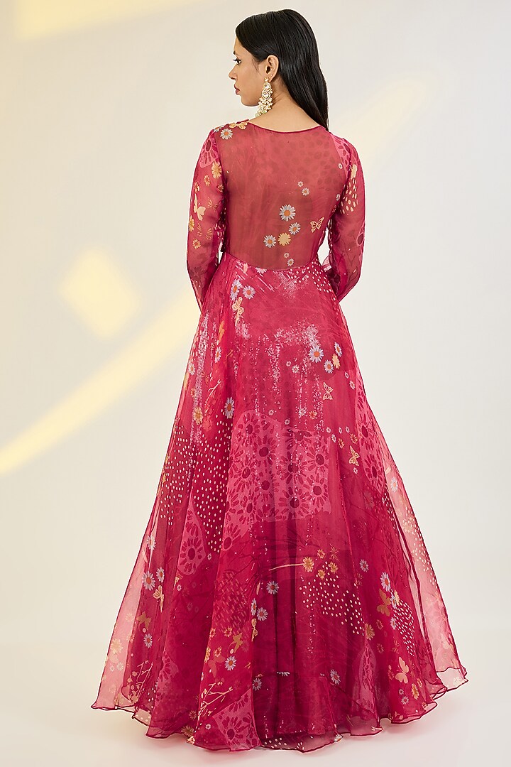 Coral Red Organza Printed & Hand Embroidered Wedding Anarkali With Cape by AWIGNA BY VARSHA & RITTU at Pernia's Pop Up Shop