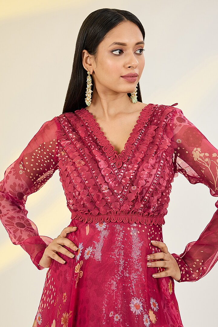 Coral Red Organza Printed & Hand Embroidered Wedding Anarkali With Cape by AWIGNA BY VARSHA & RITTU at Pernia's Pop Up Shop