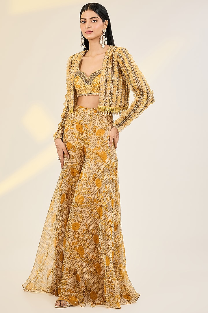 Yellow Organza Digital Printed & Hand Embroidered Jacket Set by AWIGNA BY VARSHA & RITTU at Pernia's Pop Up Shop