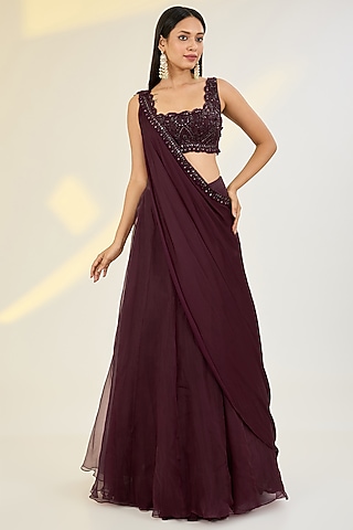 Sangria Wine Pure Organza & Satin Georgette Hand Embroidered Draped Lehenga Saree Set by AWIGNA BY VARSHA & RITTU