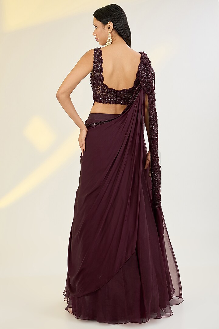 Sangria Wine Pure Organza & Satin Georgette Hand Embroidered Draped Wedding Lehenga Saree Set by AWIGNA BY VARSHA & RITTU at Pernia's Pop Up Shop