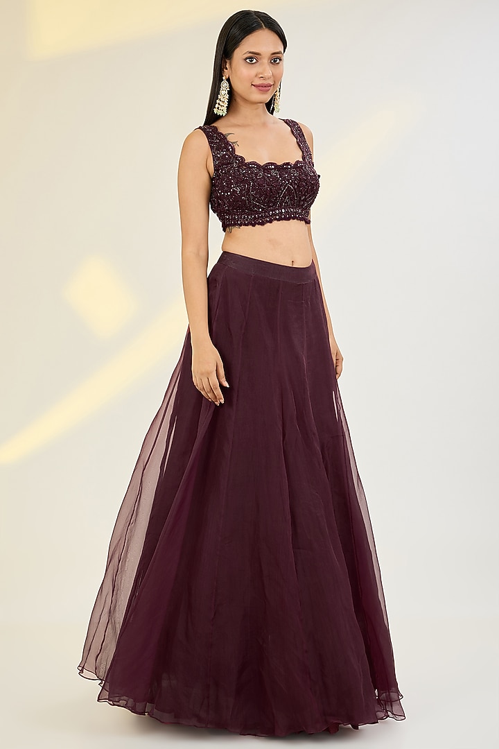 Sangria Wine Pure Organza & Satin Georgette Hand Embroidered Draped Wedding Lehenga Saree Set by AWIGNA BY VARSHA & RITTU at Pernia's Pop Up Shop