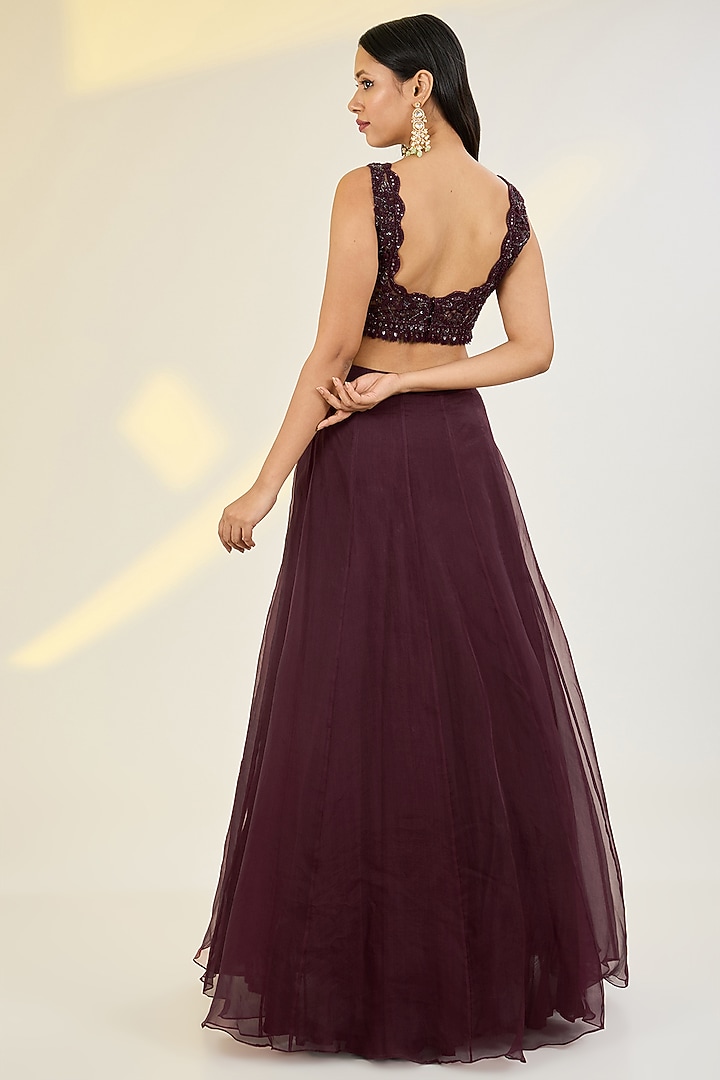 Sangria Wine Pure Organza & Satin Georgette Hand Embroidered Draped Wedding Lehenga Saree Set by AWIGNA BY VARSHA & RITTU at Pernia's Pop Up Shop