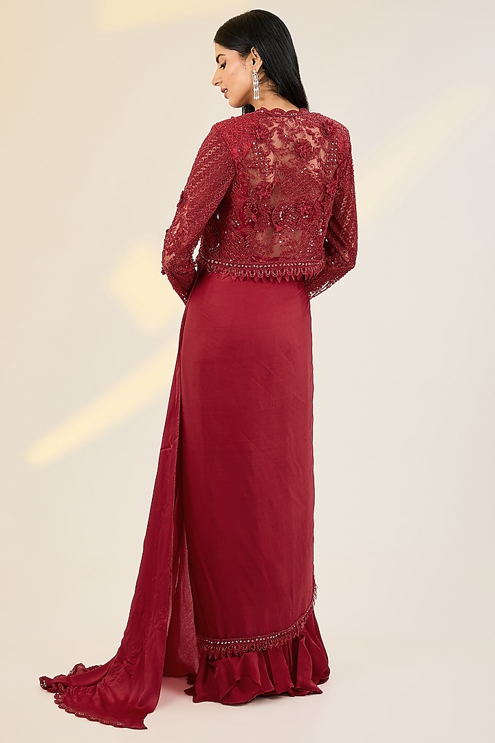 Red Satin Georgette Hand Embroidered Draped Jacket Wedding Saree Set by AWIGNA BY VARSHA & RITTU at Pernia's Pop Up Shop