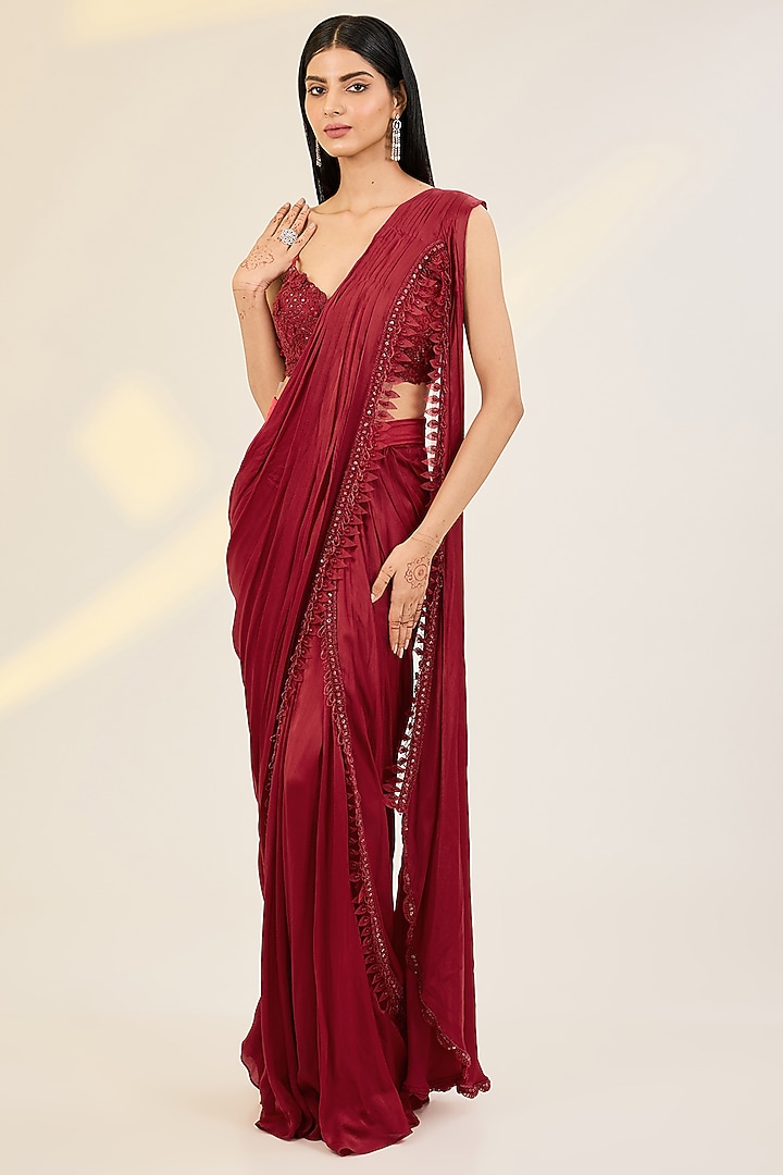 Red Satin Georgette Hand Embroidered Draped Jacket Wedding Saree Set by AWIGNA BY VARSHA & RITTU at Pernia's Pop Up Shop