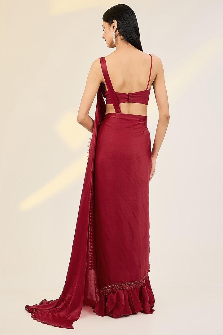 Red Satin Georgette Hand Embroidered Draped Jacket Wedding Saree Set by AWIGNA BY VARSHA & RITTU at Pernia's Pop Up Shop