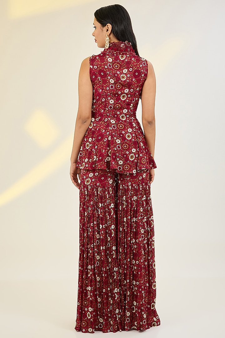 Red Chiffon & Organza Printed Party Wear Sharara Set by AWIGNA BY VARSHA & RITTU at Pernia's Pop Up Shop