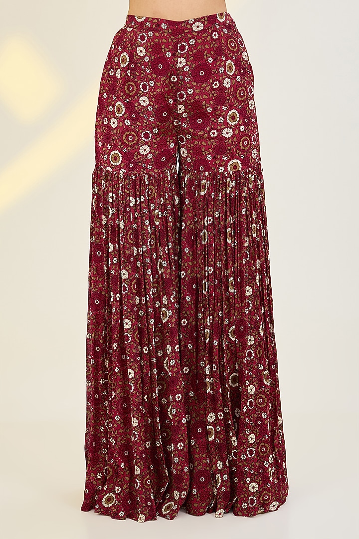 Red Chiffon & Organza Printed Party Wear Sharara Set by AWIGNA BY VARSHA & RITTU at Pernia's Pop Up Shop