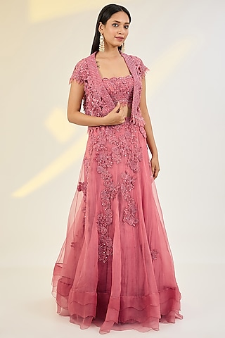 Pink Organza & Net Floral Hand Embroidered Jacket Lehenga Set by AWIGNA BY VARSHA & RITTU