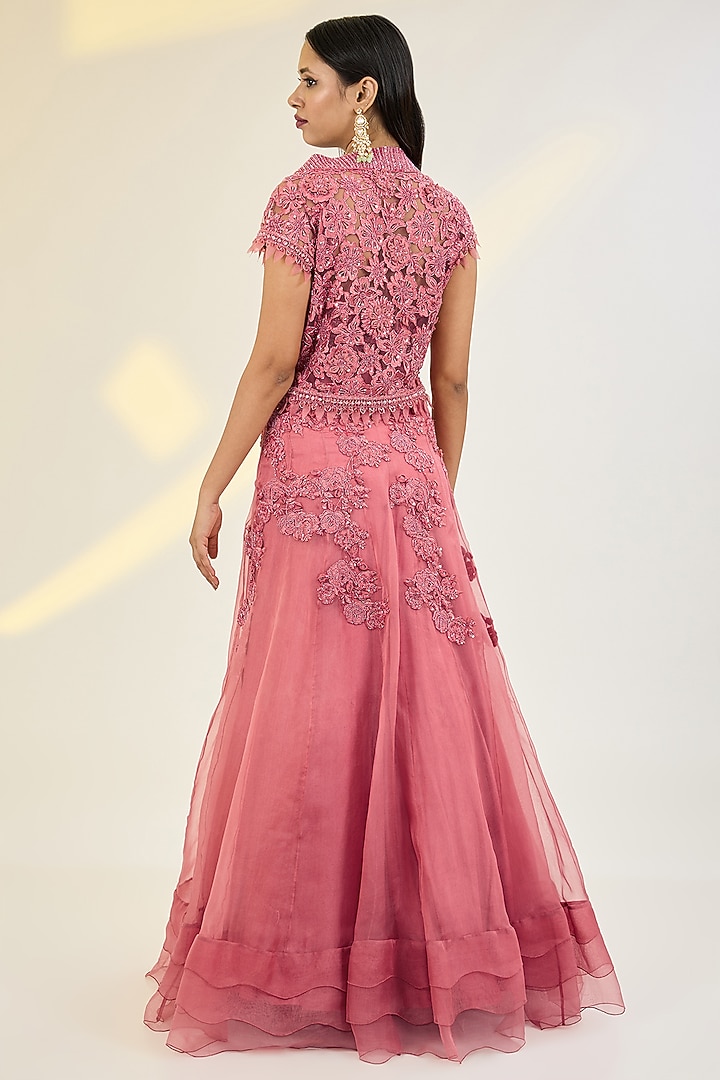 Pink Organza & Net Floral Hand Embroidered Jacket Wedding Lehenga Set by AWIGNA BY VARSHA & RITTU at Pernia's Pop Up Shop