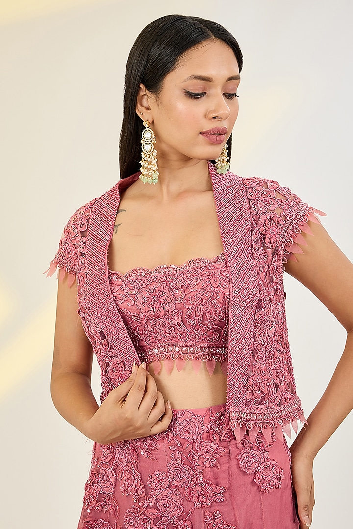 Pink Organza & Net Floral Hand Embroidered Jacket Wedding Lehenga Set by AWIGNA BY VARSHA & RITTU at Pernia's Pop Up Shop