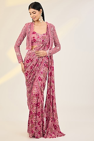 Pink Satin Georgette & Net Hand Embroidered Jacket Saree Set by AWIGNA BY VARSHA & RITTU