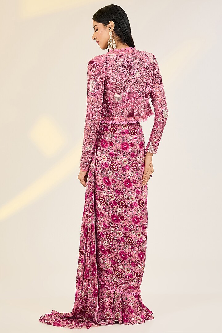 Pink Satin Georgette & Net Hand Embroidered Jacket Wedding Saree Set by AWIGNA BY VARSHA & RITTU at Pernia's Pop Up Shop