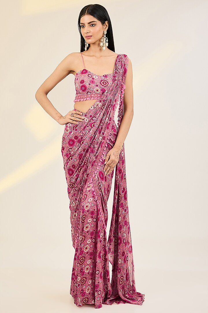 Pink Satin Georgette & Net Hand Embroidered Jacket Wedding Saree Set by AWIGNA BY VARSHA & RITTU at Pernia's Pop Up Shop