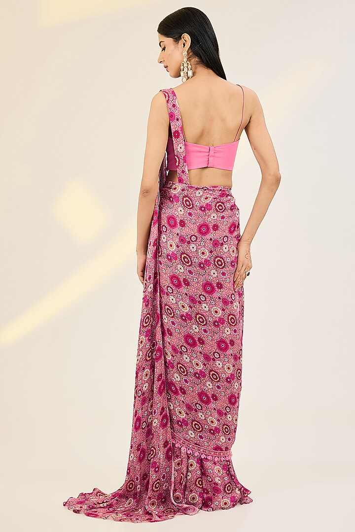 Pink Satin Georgette & Net Hand Embroidered Jacket Wedding Saree Set by AWIGNA BY VARSHA & RITTU at Pernia's Pop Up Shop