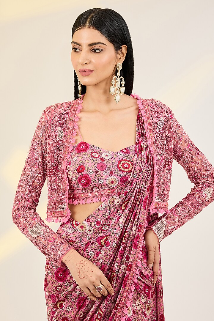 Pink Satin Georgette & Net Hand Embroidered Jacket Wedding Saree Set by AWIGNA BY VARSHA & RITTU at Pernia's Pop Up Shop