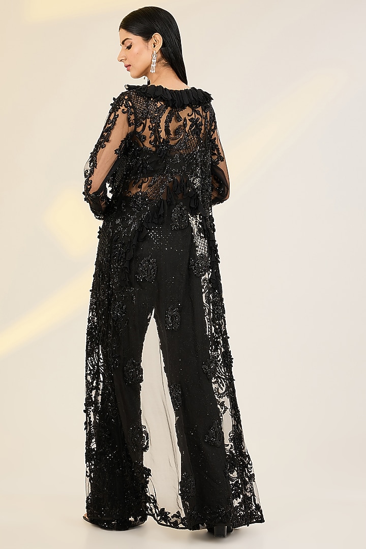 Black Net & Organza Hand Embroidered Cape Set by AWIGNA BY VARSHA & RITTU at Pernia's Pop Up Shop