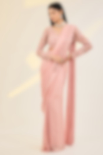 Rose Pink Satin Georgette & Net Embellished Pre-Draped Wedding Saree Set by AWIGNA BY VARSHA & RITTU at Pernia's Pop Up Shop