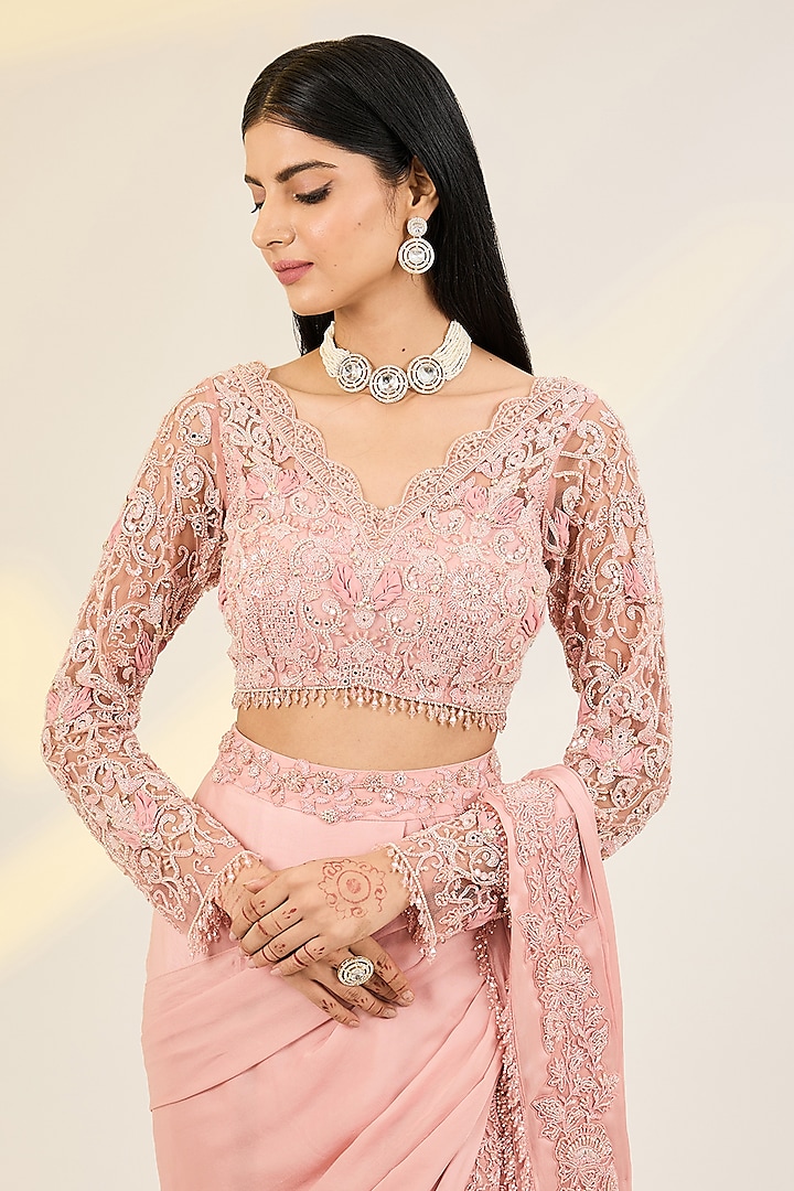 Rose Pink Satin Georgette & Net Embellished Pre-Draped Wedding Saree Set by AWIGNA BY VARSHA & RITTU at Pernia's Pop Up Shop