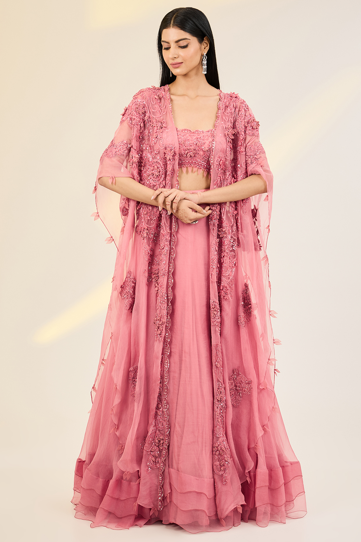 Pink Net & Organza Embellished Jacket Wedding Lehenga Set by AWIGNA BY VARSHA & RITTU at Pernia's Pop Up Shop