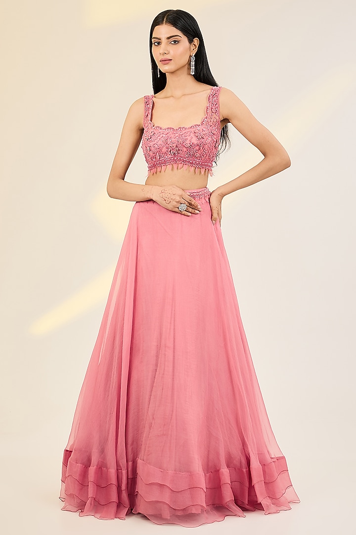Pink Net & Organza Embellished Jacket Wedding Lehenga Set by AWIGNA BY VARSHA & RITTU at Pernia's Pop Up Shop