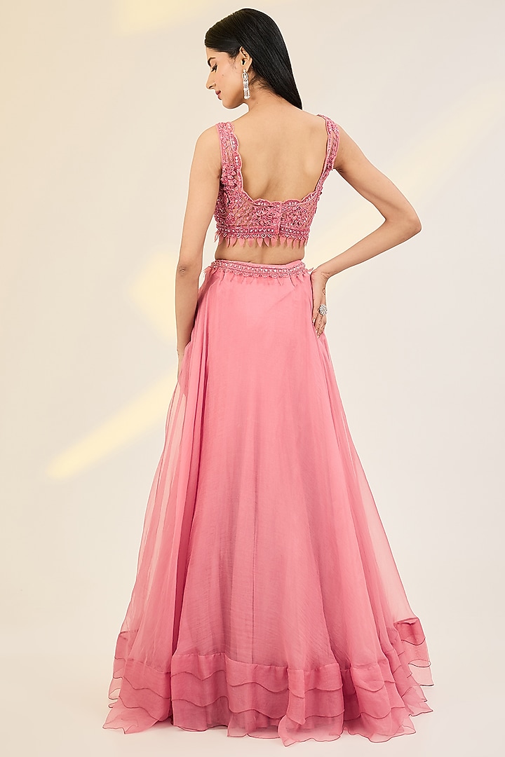 Pink Net & Organza Embellished Jacket Wedding Lehenga Set by AWIGNA BY VARSHA & RITTU at Pernia's Pop Up Shop